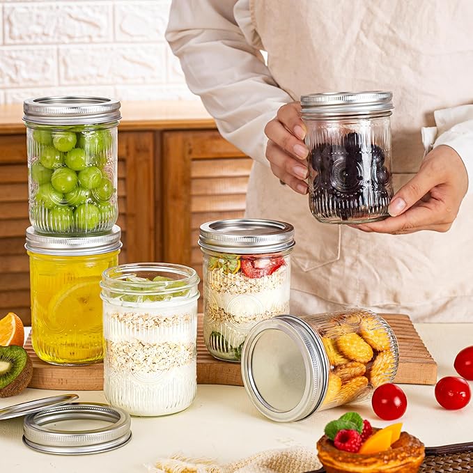 Amzcku 16 oz Vintage Mason Jars with Lids, Regular Mouth Canning Jar, Safe For Storage, Canning, Pickling, Preserving, Fermenting, DIY Crafts & Decor 6 Pack