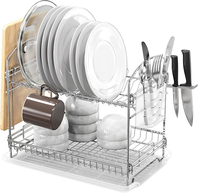 Simple Houseware 2-Tier Stainless Steel Dish Rack with Drainboard, Chrome