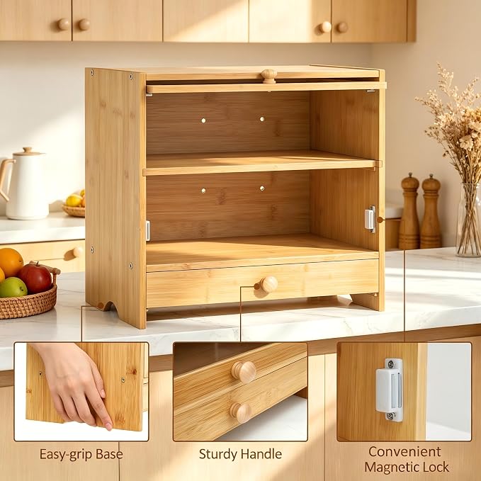 2 Tier Bread Box with Slicer and Cutting Board Extra Large | Bread Storage, Keep Bread Fresh, Bamboo, Large Capacity, Space-Saving, Acrylic Window, for Homemade Bread, Kitchen Storage