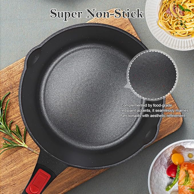 10 Inch Deep Frying Pan Skillet with Lid, Saute Pan Nonstick, Red | Detachable Handle, Suitable for All Stoves, Including Induction, PTFE & PFAS & PFOA Free, Oven Safe