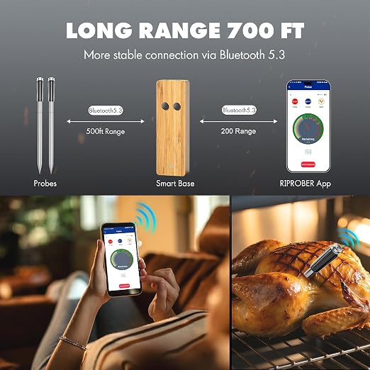 Bluetooth Wireless Meat Thermometer with 2 Ultra-Thin Probes, 700FT Long Range, 1000F Heat Resistant, 0.5F Accuracy, App Controlled for iOS/Android - Ideal for BBQ, Grill, Oven, Smoker