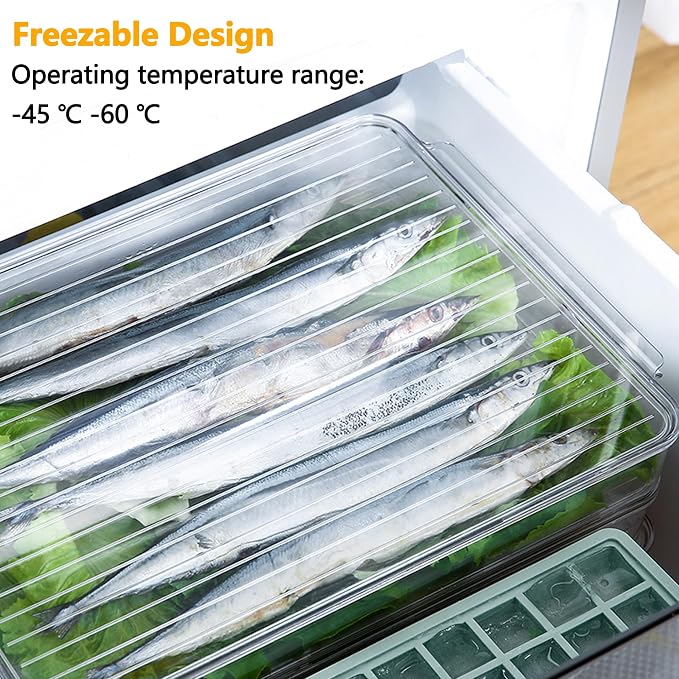 Stackable Freezer Organizer, Flat Produce Saver Sliced Cheese Container with Lids, Freezer Storage Containers Food Storage Tray for Fruits, Vegetables, Meat
