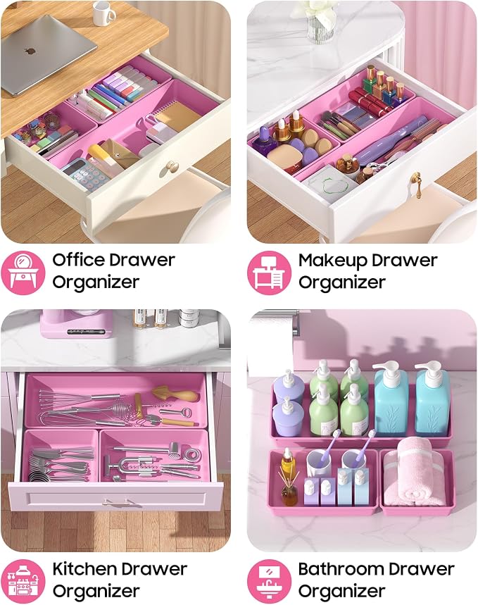 10 Pack Large Size Plastic Drawer Organizers Set, 3 Sizes Desk Drawer Organizer Trays, Storage Bins for Vanity, Makeup, Bathroom, Kitchen Utensils and Office (Pink)