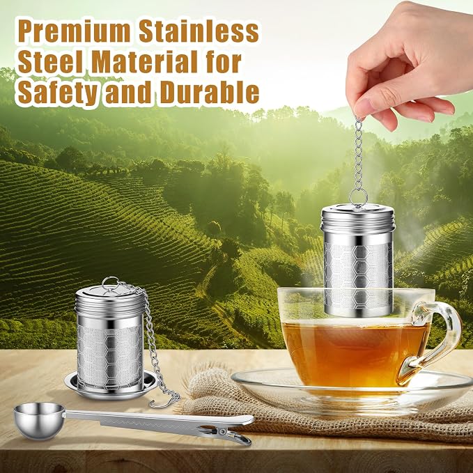 4 Pcs Tea Infuser Strainers for Loose Tea with Scoop, Extra Fine Mesh Steeper 304 Stainless Steel Diffuser Leaf Holder with Extended Chain Hook for Brew, Spices, Seasoning, Silver