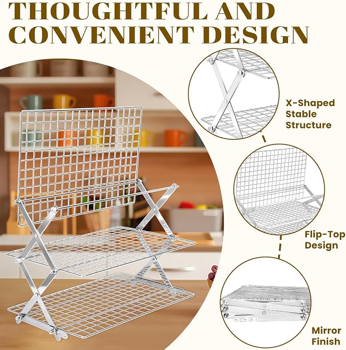 BEWOS 3-Tier Collapsible Cooling Rack - Adjustable Stainless Steel Baking Rack with X-Shaped Design and Leak-Proof Mesh Surface, Mirror Polished & Dishwasher Safe Cooling Rack