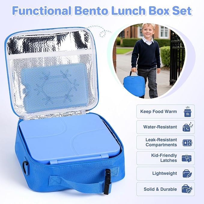 Bento Lunch Box with 8oz Soup Thermo,Kids Leakproof 4 Compartment Lunch Food Containers with Sauce Cup and Ice Pack,Kids Thermo Insulated Hot Food Jar and Lunch Bag for School,Trvael-Blue