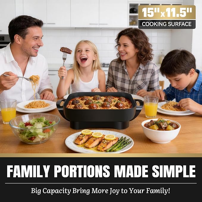FineMade Family Size Electric Skillet with Lid, XL Electric Skillet, Deep Skillet, Temperature Control, Square 15 x 11.5 Inch Ceramic Nonstick Interior, Graphite