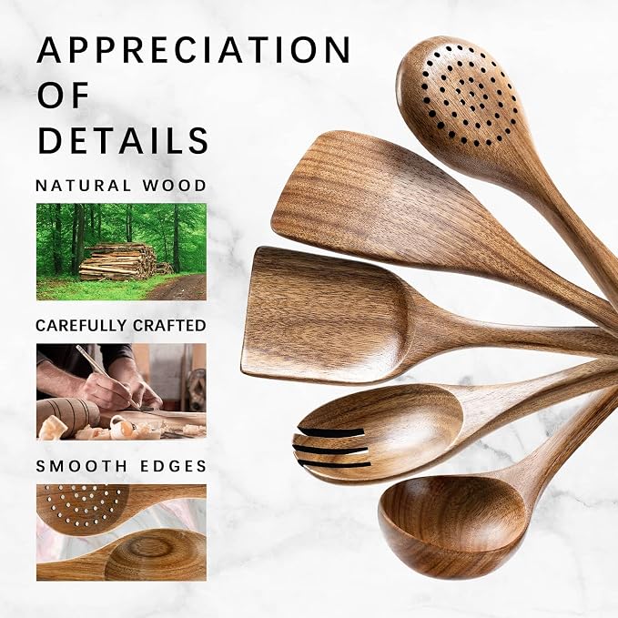 Wooden Spoons for Cooking, 5-Piece Acacia Wood Cooking Utensil Set | Spoons and spatulas stir, mix, flip and serve; balanced handles offer control while staying gentle on nonstick cookware.