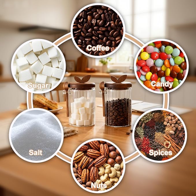 holoith 2 Pack Sugar Bowl Sugar Container 27oz Glass Jars with Bamboo Lid and Spoon, Airtight Food Storage Jar for Coffee Bar, Kitchen Canisters for Coffee Beans, Spice, Brown Sugars, Nuts, Candy | Airtight Food Storage Jar for Coffee Bar, Kitchen Cani...