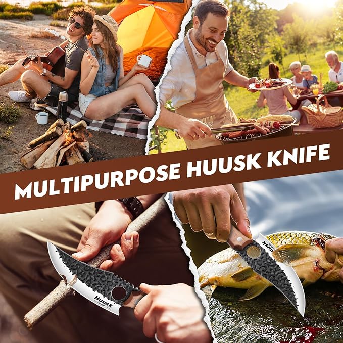 Huusk Viking Knife with Leather Sheath, Hand Forged Chef Butcher Knives | Razor-sharp Japanese Carbon Steel Meat Cutting Knife with Wood Handle for BBQ, Camping & Kitchen, Cooking Gifts for Men & Dad