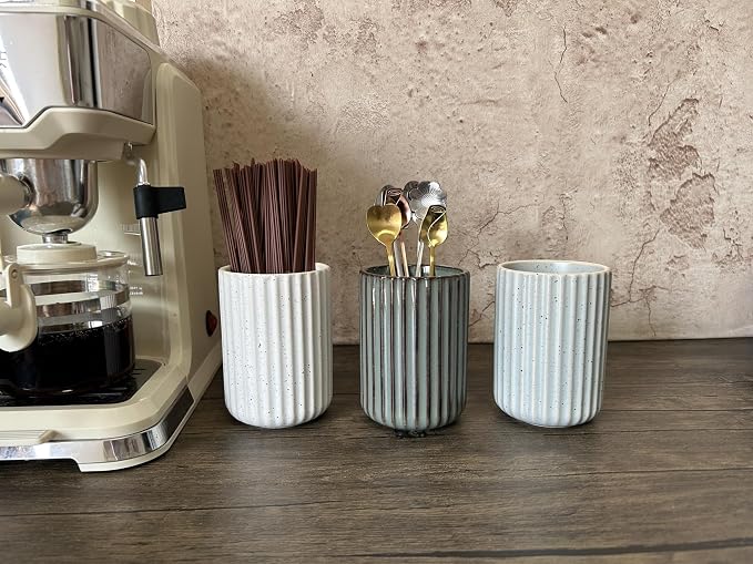 TOPYOKK Stoneware Coffee Bar Utensil Holder Tea & Coffee Spoon & Stirrer Holder for Stir Stick Straw Teaspoon Holder Espresso Spoon Cup Small Utensil Jar Fluted Vertical Stripe (Concrete Grey)