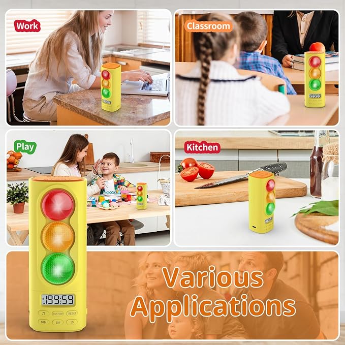 Traffic Light Timer, Custom Countdown, ADHD Tool, Volume & 4 Rings | visual meeting Classroom Desk Kitchen Type C Included Back to School Yellow