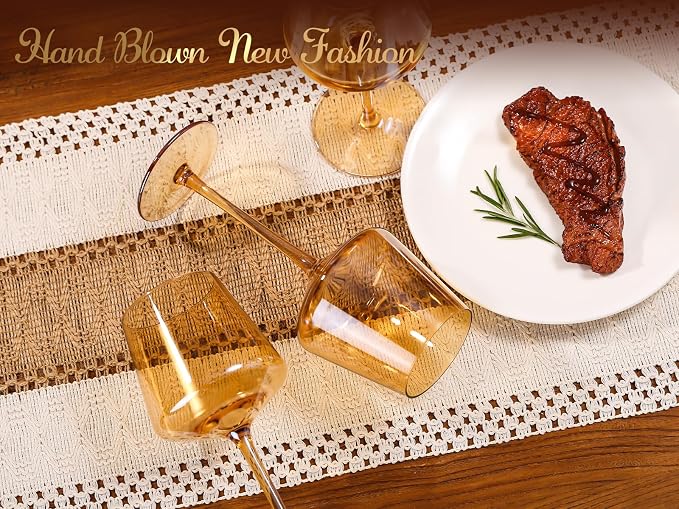 Physkoa Amber Colored Wine Glasses Set 6-16oz Stemmed Modern Amber Wine Glasses With Tall Long Stem and Flat Bottom,Light Brown Glassware for Home Decor