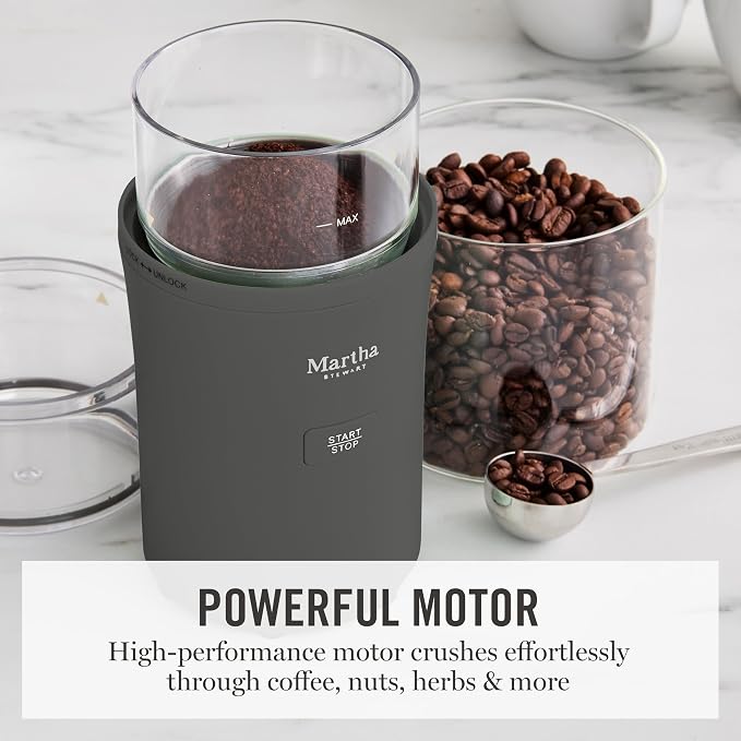 Martha Stewart Electric Coffee & Spice Grinder with Dual Bowls, Caviar Gray | Dual 2.5oz Removable Bowls for Coffee Beans, Nuts, Herbs & Spices, Stainless Steel Blade, One-Touch Pulse Control, Easy Clean
