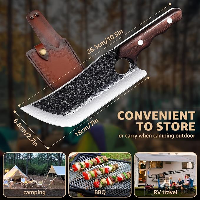 DRGSKL Hand Forged Meat Cleaver Knife with Belt Sheath and Gift Box | Japanese ATS-34 Steel, Hand Forged Full Tang Knife, Ebony Handle, Belt Sheath, Gift Box, Anti-stick Pounding Texture