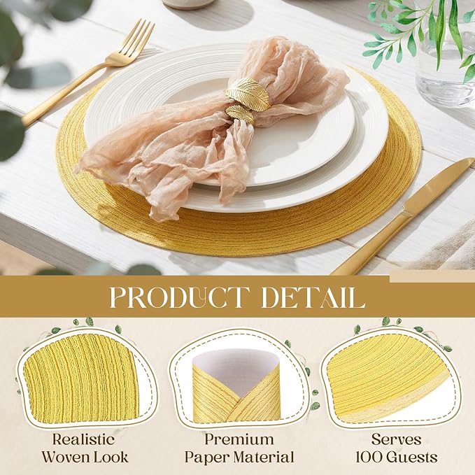Geosar Disposable Paper Placemat Cotton Woven Look 13'',100 Pcs,Yellow