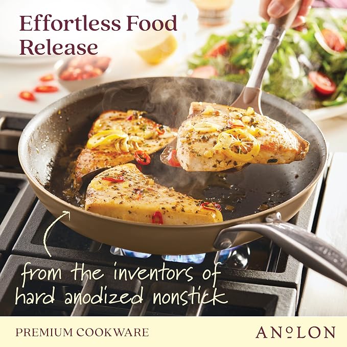 Anolon Ascend Hard Anodized Nonstick Cookware/Pots and Pans Set - Good for All Stovetops (Gas, Glass Top, Electric & Induction), Dishwasher & Oven Safe with Stainless Steel Handles, 10 Piece - Bronze
