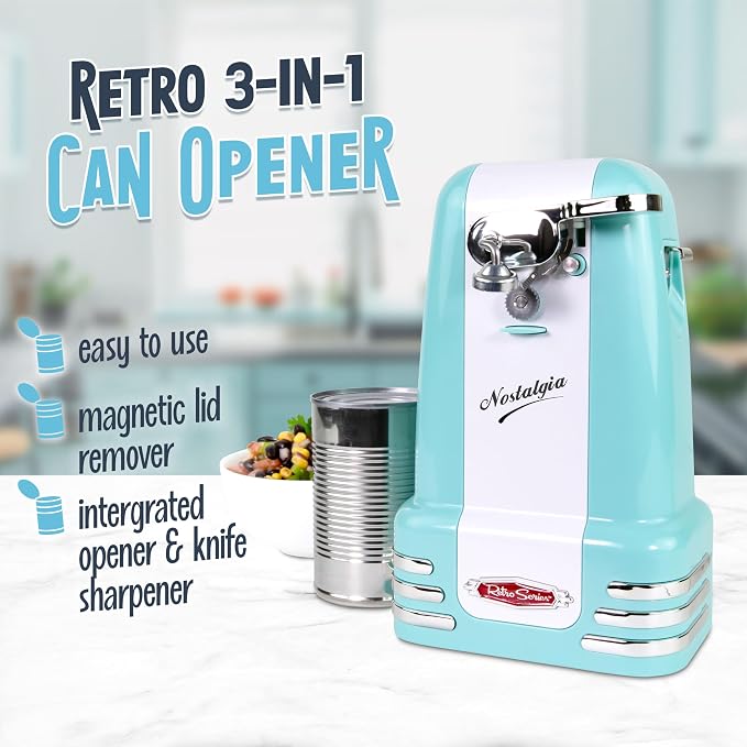 Nostalgia Retro Electric Can Opener for Kitchen with Magnetic Lid Remover, Knife Sharpener, and Soda or Beer Bottle Opener, Aqua