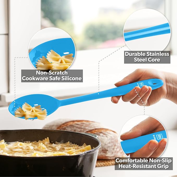 DI ORO Silicone Cooking Spoons - Solid & Slotted Set, 2-Pc Blue | Large heads for mixing, serving, and stirring; Heat-resistant to 600F for nonstick cookware; BPA-free and dishwasher safe