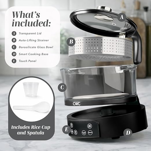 COOK WITH COLOR Glass Mini Low Carb Rice Cooker – Holds 2 Cups Raw/Makes 6 Cups Cooked with Auto Lift Filter Basket, Hotpot & Steamer for Rice, Grains, Digital Panel with Keep Warm, Black