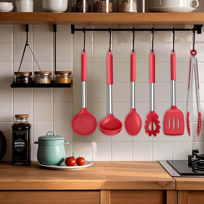 LIANYU Silicone Kitchen Utensils, 6 Pcs Cooking Utensils Spatula Set, Red | For Nonstick Cookware, 446°F Heat Resistant Kitchen Spatula Gadgets Tools, Stainless Steel Handle, Food Grade