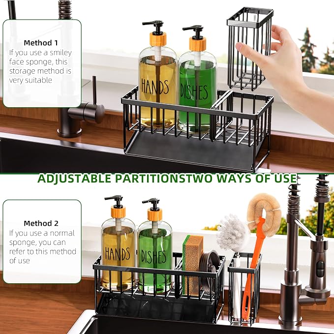 Cisily Kitchen Dish Soap Dispenser Set with 2 Pack 16.9oz Amber Glass Bottle and Sponge Holder, Dish Soap Dispensers with Adjustable Sponge Holder, Vintage Hand and Dish Soap Dispensers Set