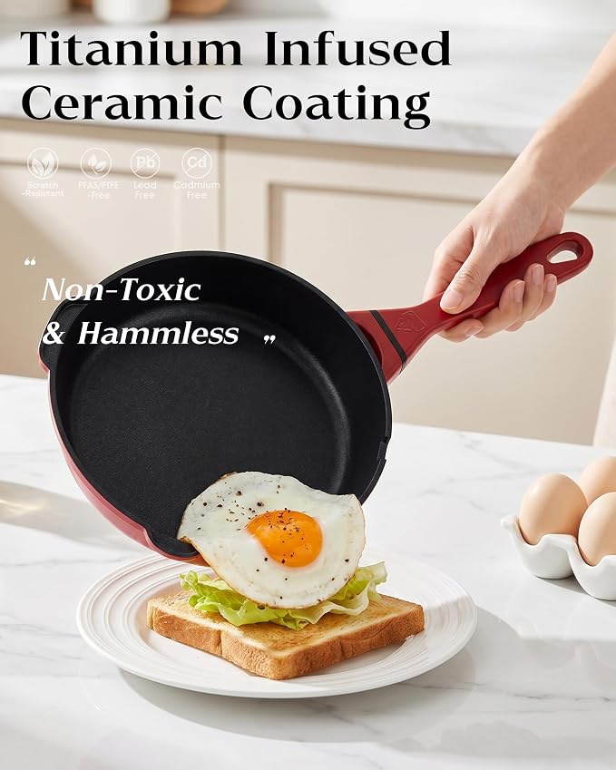 FDN 8" Ceramic Non Stick Frying Pans With Lid, Titanium Pans for Cooking, Non-Toxic PFAS-Free, Induction & Oven-Safe Cookware, Red For Daily Cooking