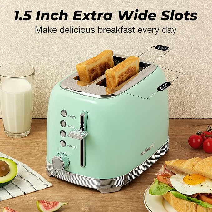 Toaster 2 Slice Retro Stainless Steel, Aqua Green | 1.5” Extra Wide Slots with Bagel, Defrost, Reheat, Cancel Functions, 6 Bread Shade Settings, Removable Crumb Tray
