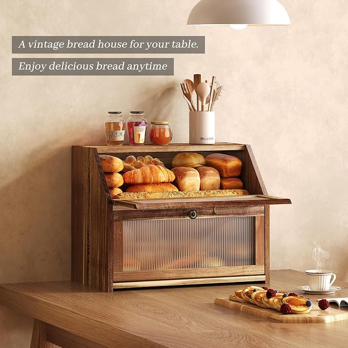 Kitsanery Bread Box for Kitchen Countertop, Acacia Wood Bread Storage Container, 2 Layer Large bread holder, Pantry Organizers, Corner Vintage Decor