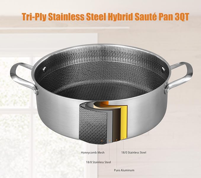 Inqibee 3 QT Saute Pan with Lid, 10 Inch Deep Frying Pan, Riveted Handle | Hybrid Ceramic Nonstick Cookware, Tri-Ply Stainless Steel Pan, PFOA Free, Induction Cooking Pan, Dishwasher and Oven Safe