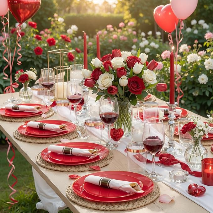 KIRE 350 PCS Red and Gold Plastic Plates - Plastic Dinnerware for Christmas | Include 100PCS Red Disposable Plates, 50PCSPre Rolled Napkins with Silverware&50PCS Cups for Party