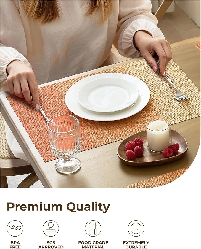 Leetaltree Gradient Burnt Orange Woven Placemats Set of 12 - Heat Resistant Non-Slip Fall Place Mats for Dining Table, Washable Durable PVC Vinyl Woven Table Mats(Gradient Orange-red, 12)