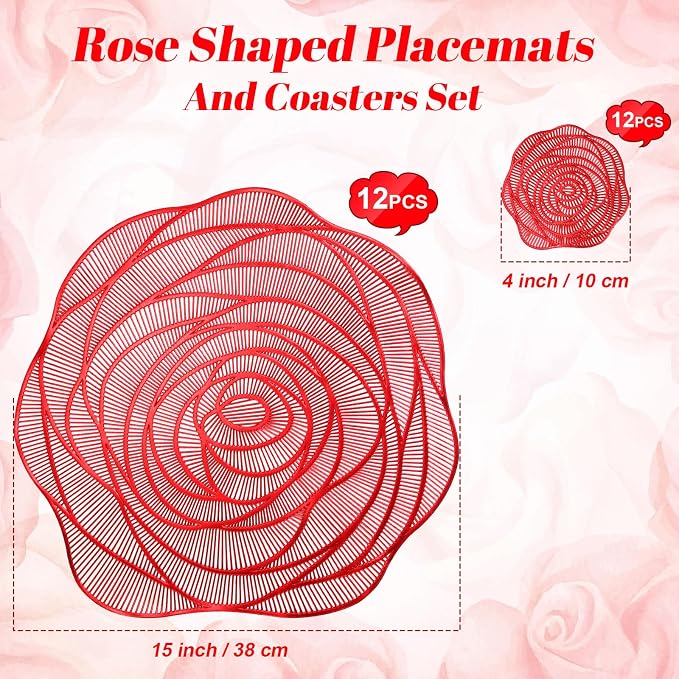 Sieral Round Hollow Rose Vinyl 15'' Placemat & 4'' Coaster,Red,12 Set