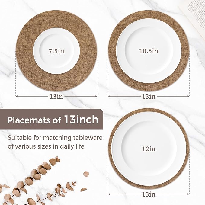 13" Round Placemats Set of 12, Reversible Faux Leather Wipeable Table Mats | 2mm Vinyl Heat Resistant Waterproof Oilproof Scratch Proof Non-Slip, Washable for Kitchen Dining Indoor Outdoor (Light Brown)