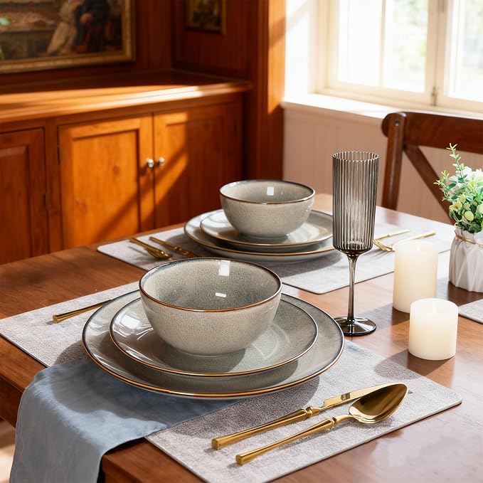 GBHOME Dinnerware Sets for 4, 12 Pieces Ceramic Plates and Bowls Set | Scratch Resistant Stoneware Dishes Set, Dishwasher & Microwave Safe, Reactive Glaze-Green Wheat