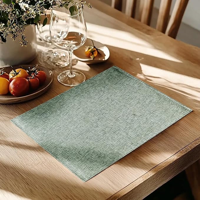 JINCHAN Linen Textured Placemats Set of 4 Farmhouse 13x19 Heathered Green | Fabric Placemats, Cottage Style, Double-Layer One-Piece Design, Reversible Solid Color, Machine Washable, Reusable