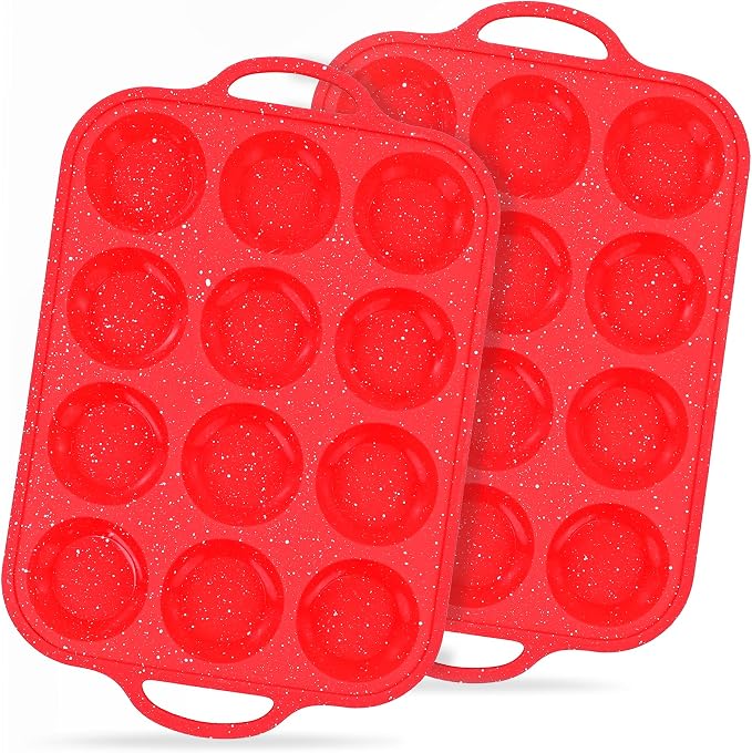 12-Cup Mini Silicone Muffin Pan with Reinforced Steel Frame,Red-Whitedot | Regular Size Cupcake Pan, BPA Free Silicone Muffin Tray, Reinforced Steel Frame for Stability, Easy Baking & Cleanup, 2Pk
