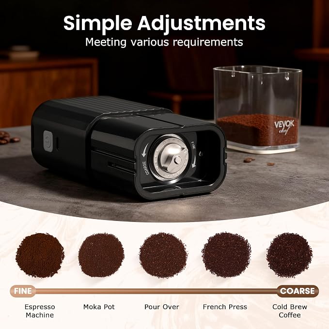 VEVOK CHEF Portable Electric Coffee Grinder,Adjustable Conical Burr Coffee Bean Mill,One-Button Grinder with USB Rechargeable,Auto‑Stop for Espresso to French Press,for Outdoor Use(Black)