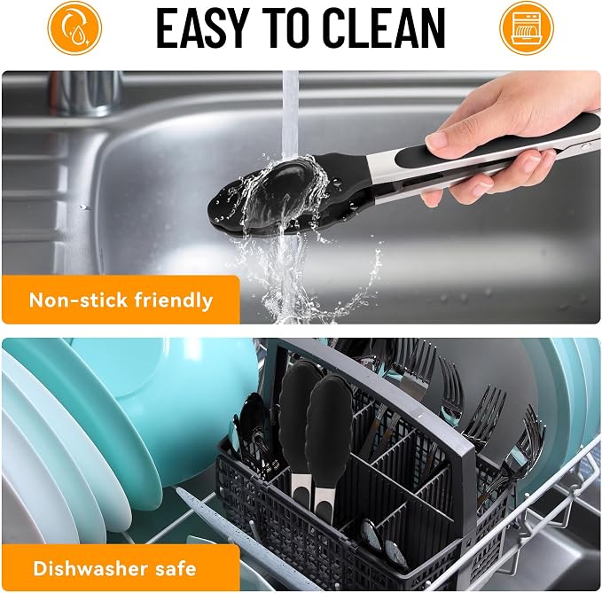 Hotec Silicone Serving Tongs for Cooking 9-Inch Kitchen Tongs with Silicone Tips, Set of 3 (Black)