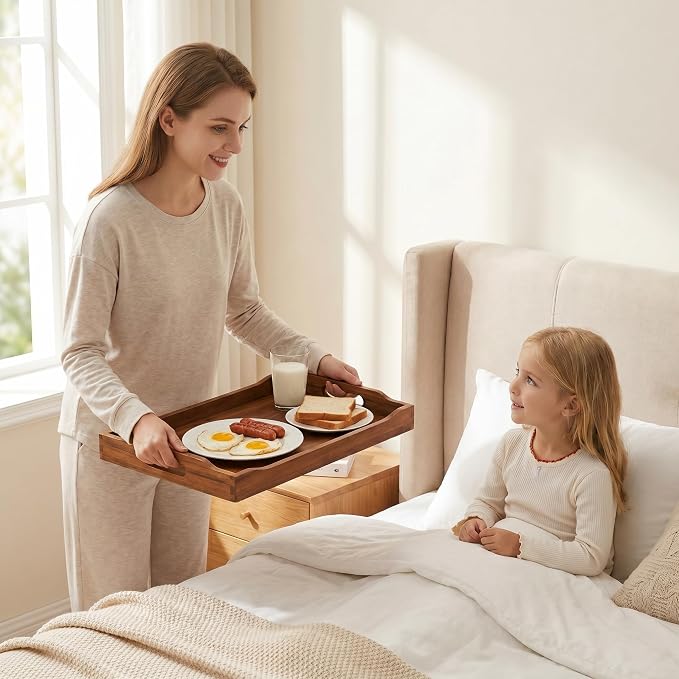 Acacia Wood Serving Trays with Handles, Rectangular Wooden Tray Set of 2 for Breakfast, Coffee Table, Ottoman, Kitchen, Dining, Party and Home Décor