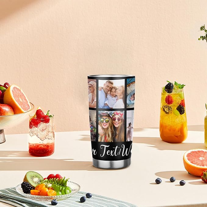 Personalized Tumbler Custom Vacuum Insulated Travel Mug Customizable Coffee Cup with Your Photos and Text Christmas Birthday Gift (10 Photos+Text)