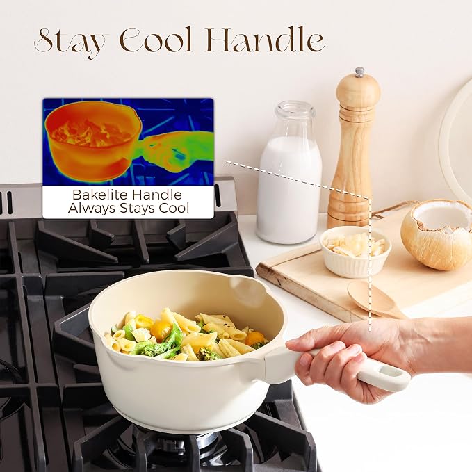 PRICUSIS Ceramic Nonstick Saucepan with Lid, 3 Quart Non Toxic Pot with Pour Spouts, Full Coated, 100% Dishwasher Safe, Induction Compatible, PTFE PFAS & PFOA Free, Coconut White