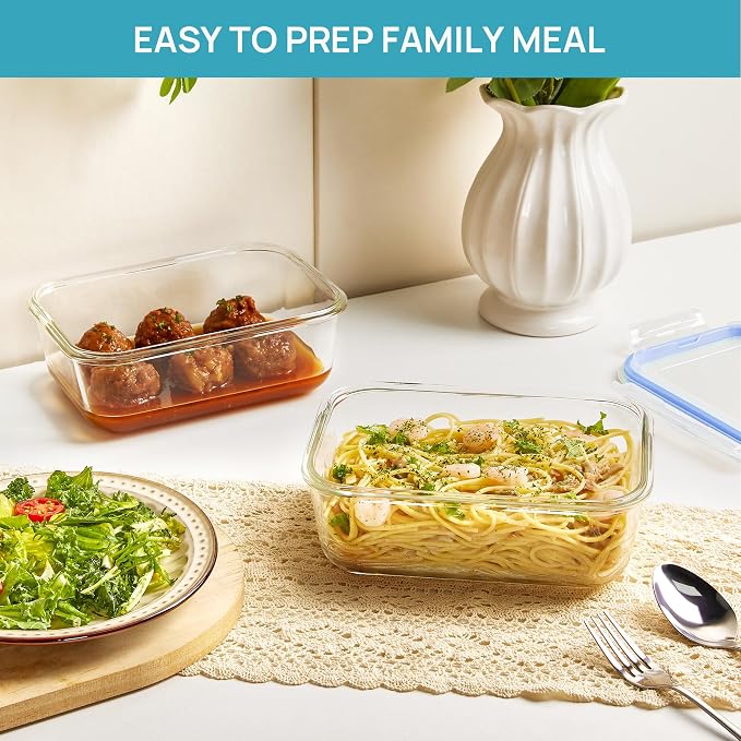 Vtopmart 2Pack 1860ml/63oz Large Glass Storage Containers With Lids, Blue | Meal Prep Food Container Set with Snap Airtight Lid, For Baking, Microwave, Oven, Leak Proof, Freezer, Dishwasher, BPA Free