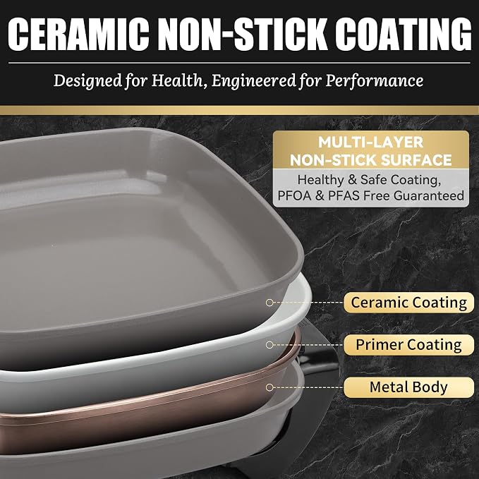 FineMade 12-inch Family Size Electric Skillet with Lid, Ceramic Skillet Electric, Square Skillet, Non Stick Electric Skillet Griddle Pan, PFAS-Free Temperature Control, 1500W, 6 QT, Gray