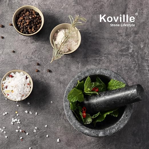 African Natural Granite Mortar and Pestle Set, Grinder Bowl for Guacamole, Salsa, Pill Crusher, Spice, Herb, Garlic, Nut, Heavy Duty Grinder for Kitchen (Sandblasted Finish)