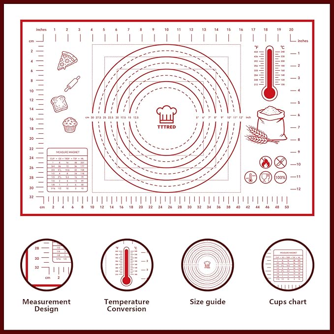 Silicone Pastry Baking Mat 16x24 Inch Large - Non-Stick Non-Slip Dough Rolling Mat with Measurement Markings for Kneading Pie Pizza Cookies Fondant Making Kitchen Counter Pad
