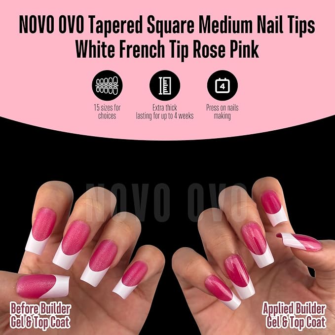 NOVO OVO White French Tip Square Nail Tips Press on ROSE PINK, Extra Thick Medium Soft Gel Fake Nail Acrylic Extension, Need Builder Gel Top Coat, No Glue Included, for Salon DIY x 15 Sizes 240 pcs