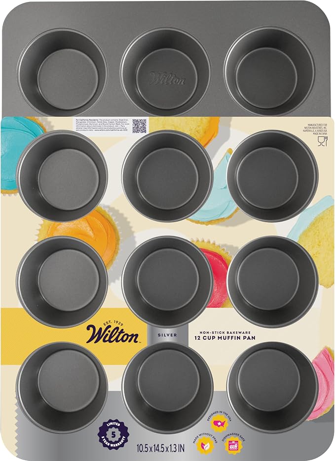 Wilton Silver Non-Stick Muffin Pan, Made Without PFAS, 12-Cup | Non-Stick Steel Bakeware, Dishwasher Safe with 5-Year Limited Warranty, Perfect for Everyday Cupcakes & Muffins
