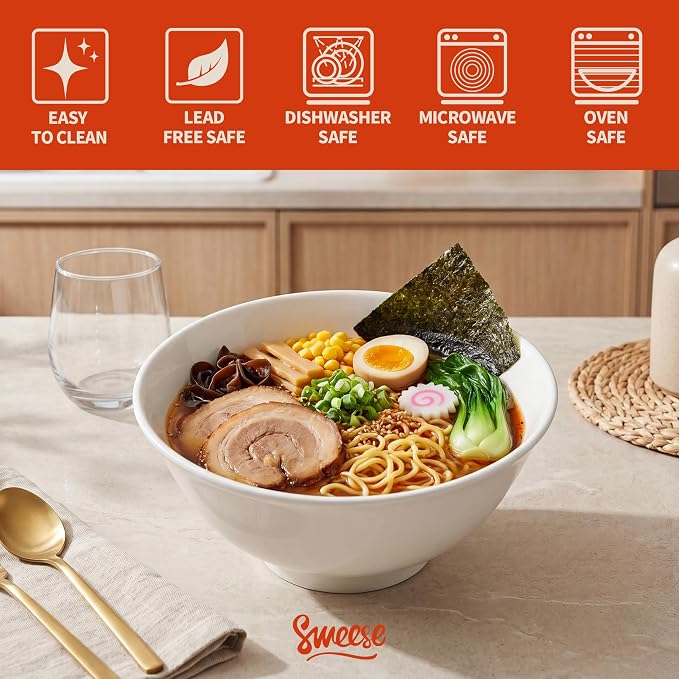 Sweese 18 oz Ceramic Soup Bowls Set of 6, White Pasta Bowls for Ramen, Salad, Noodles, Cereal and Soup, Stackable Serving Bowls for Everyday Meals