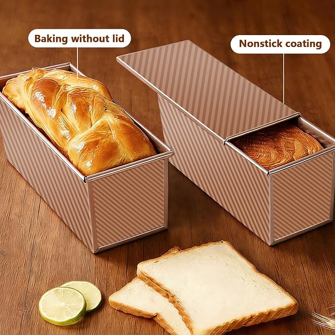 Pullman Loaf Pan with Lid 13x4, Large Bread Pan for Homemade Sandwich with Cover, 2.2lb Long Bread Loaf Tin for Sourdough, Nonstick & Easy Clean (Gold)